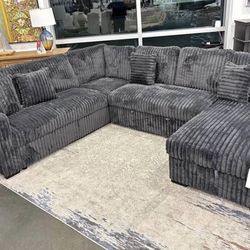 NEW Charcoal Sectional With USB Charging Ports & STORAGE CHAISE & Pull out Bed Finance $54 down pmt