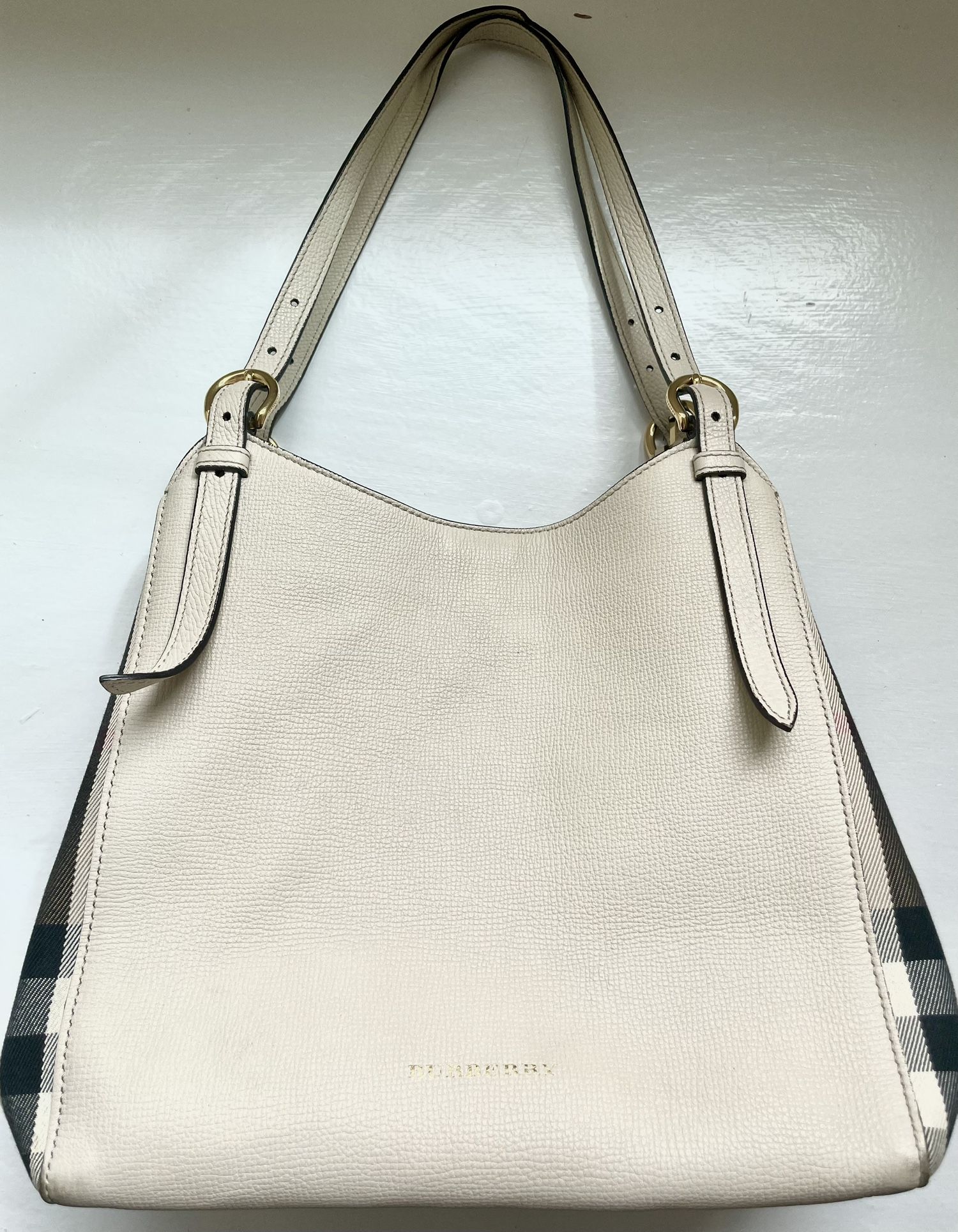 Original BURBERRY Limestone Leather and House Check Small Canter Tote Bag