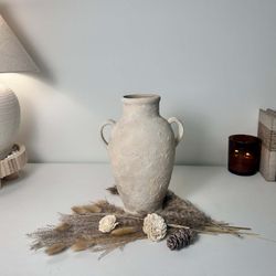Minimalist Textured Hand-painted Ceramic Vase 12" tall - cream sand/off-white