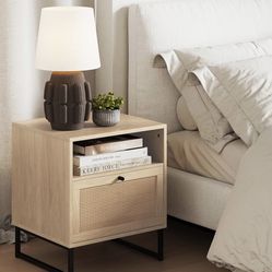 Nathan James Rattan Nightstand Wood End Side Accent Table with Storage for Living Room or Bedroom