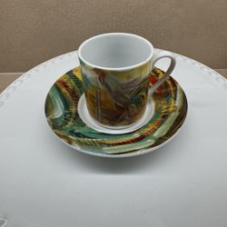 Fine China Espresso Cup & Saucer featuring abstract, colorful designs.