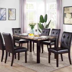 7 PC FAUX MARBLE DINING TABLE AND CHAIRS 