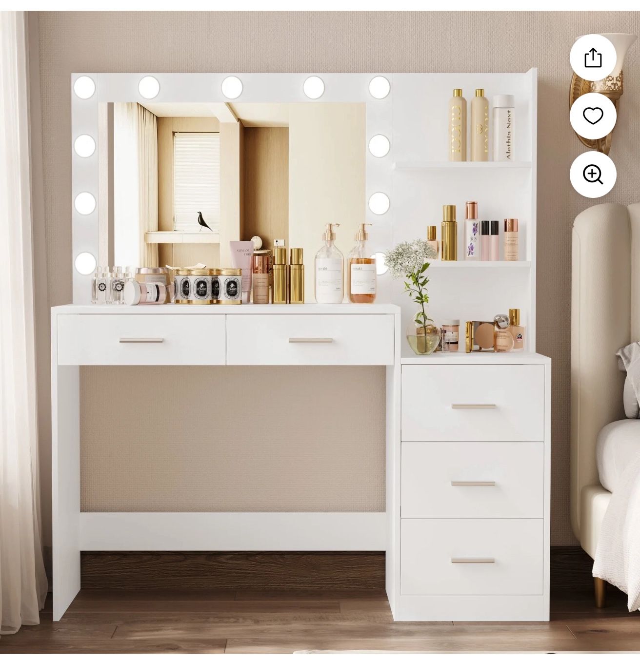 Rovaurx 46.7" Makeup Vanity Table with Lights and Mirror, 5 Drawers, Modern Dressing Desk, White