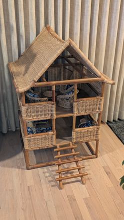 Vintage Rattan Doll House With Accessories 