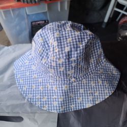 Women Check Print Floral Bucket Hat Blue Reversible