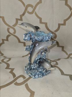 Trio of Dolphins on the Waves Figurine Turtle King 7"H Decor Read Below