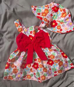 Baby Dress and Hat Set Floral Print with Red Bow