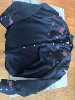 Vetements Women's Navy Suede Cowboy Shirt Floral Embroidered Long Sleeve S