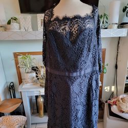 Navy Blue Lace Dress With Hi Low Hemline