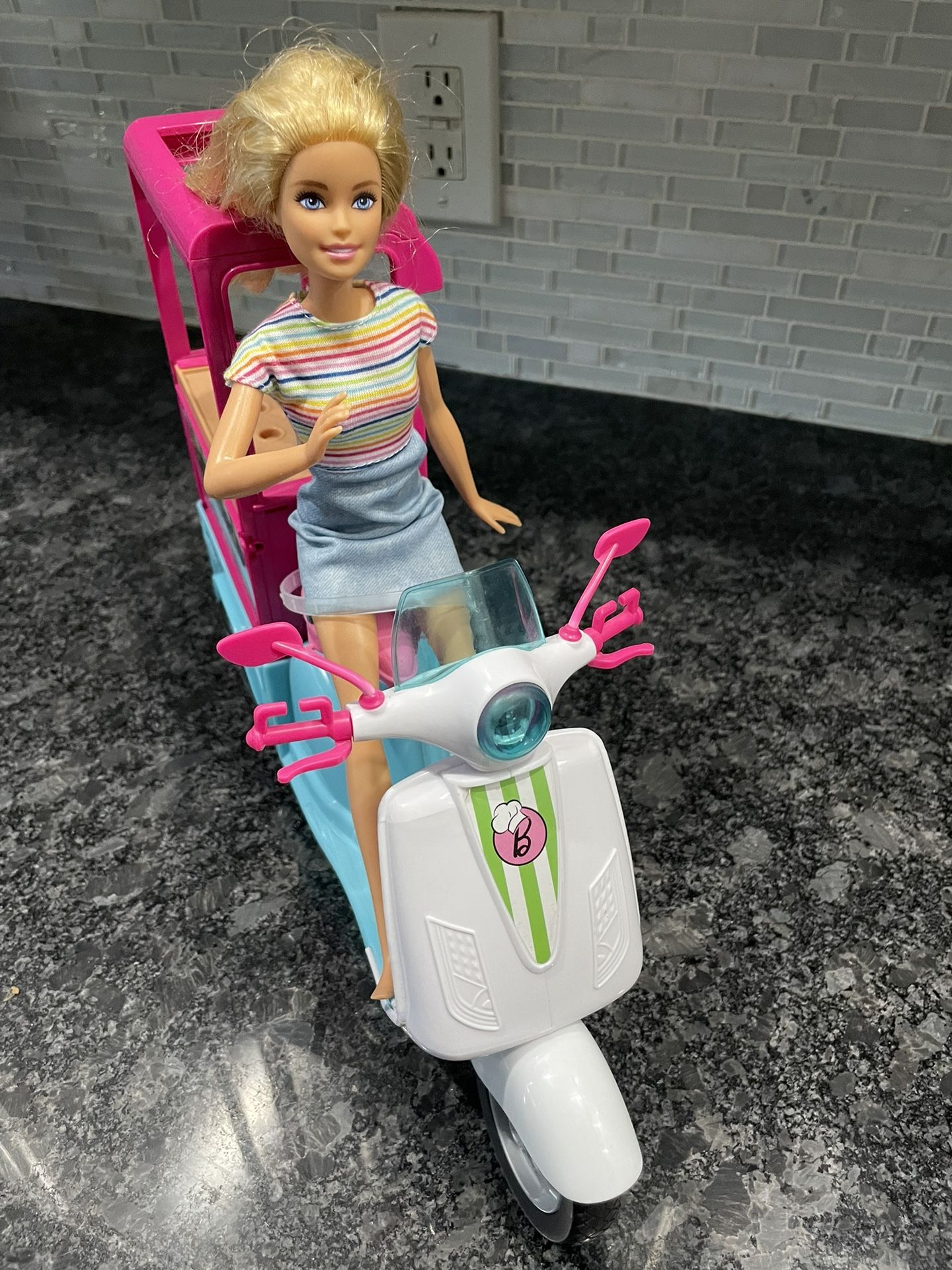 Mattel Barbie Blue and Pink Vespa Scooter Moped Bistro Food Cart With Barbie