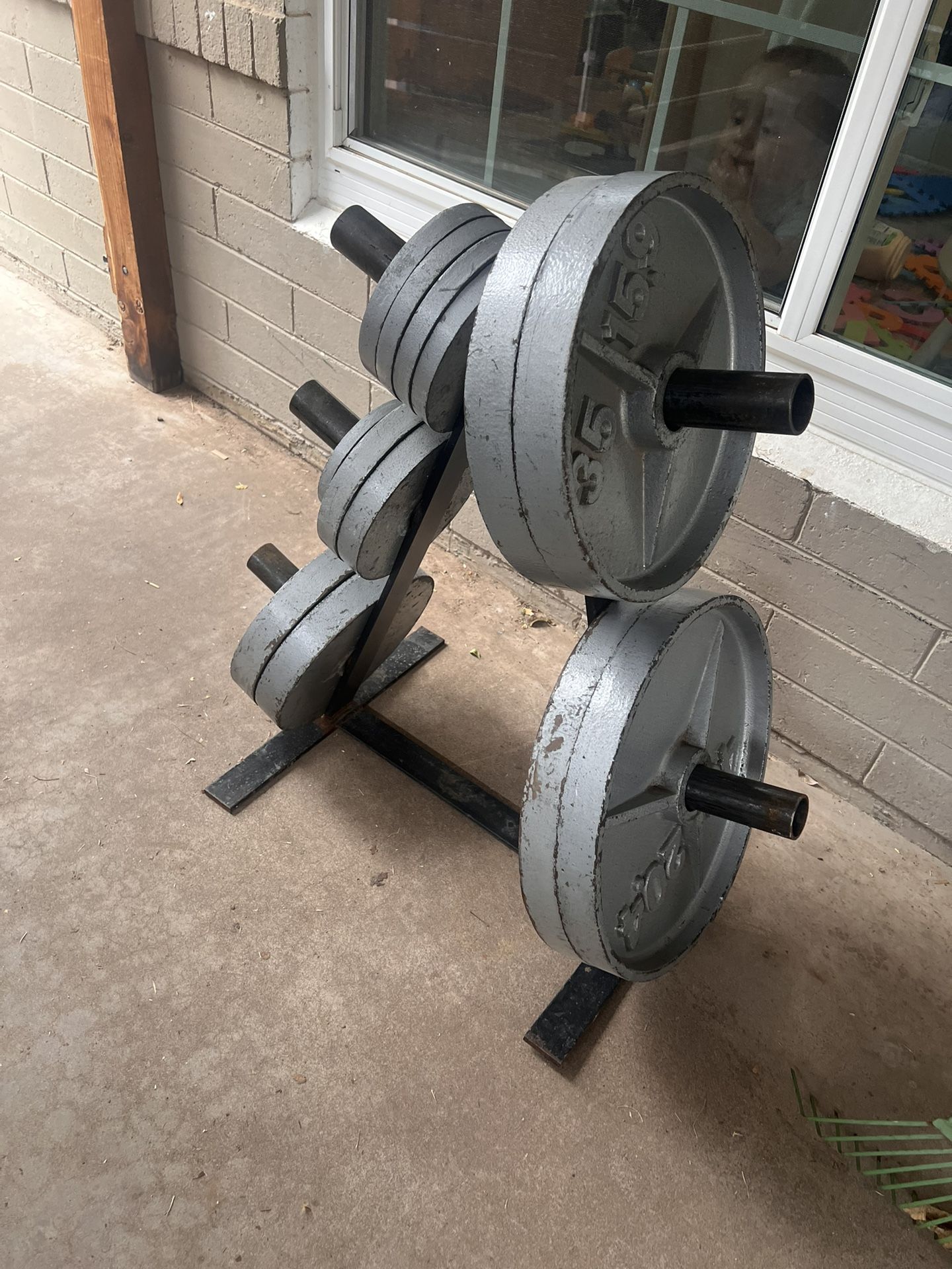 255lb Deep dish Olympic weight set with weight tree
