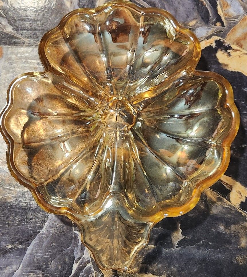 Vintage Jeanette Marigold Carnival Glass Leaf Clover Shaped Candy/Nut Dish
