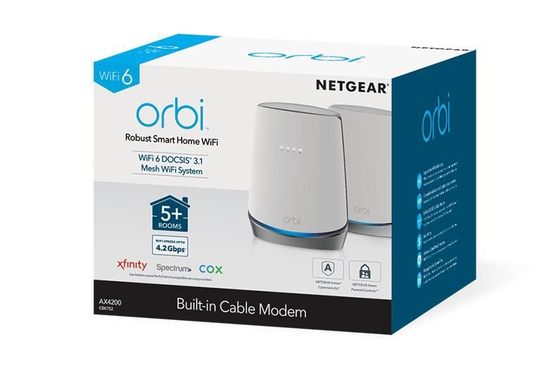 AX4200 WiFi Mesh System   “(CBK752)”  Orbi Tri-Band WiFi 6 Mesh System with Built-in Cable Modem, 4.2Gbps, Modem Router Combo, 1 Satellite , 1yr armor