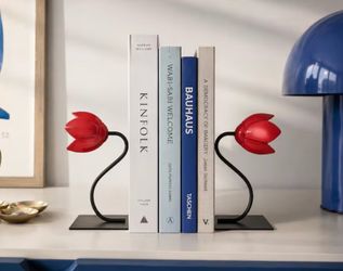 IKEA Tulip Bookends, Red Metal & Acrylic Book Ends, Scandinavian Modern Shelf Decor, Postmodern IKEA Office Decor Pair