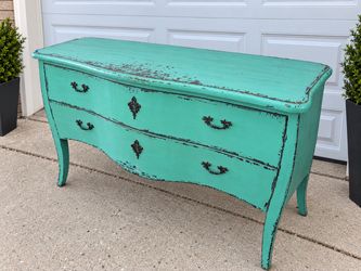 Vintage Distressed Turquoise Bow-Front Dresser / Console