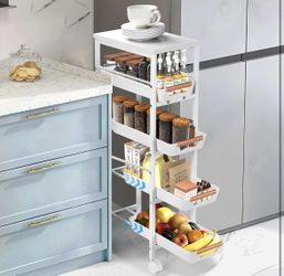 Slim Storage Cart, 5-Tier Narrow Rolling Kitchen Laundry Room Cart with Drawer and Wheels, Metal Utility Cart Slide Out Organizer for Small Spaces 