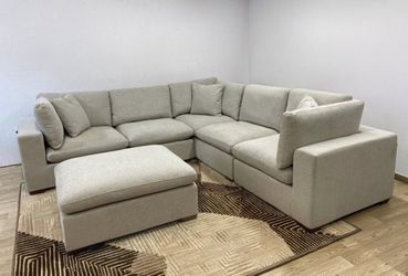 Beige Sectional Sofa with Ottoman