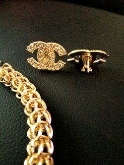 Chanel gold jewelry set with diamonds. 1Necklace, 2earrings, 1hand