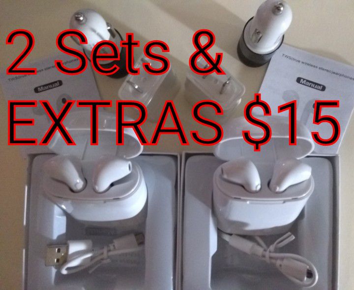2 SETS with EXTRAS Brand New WHITE Similar to Airpods for Any Smartphone with Samsung Apple iPhone Android Compatible