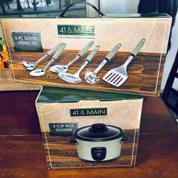 (NEW) Set of 2: ‘41 & Main’ 3-Cup Rice Cooker & 6-Piece Stainless Steel Serving Utensils