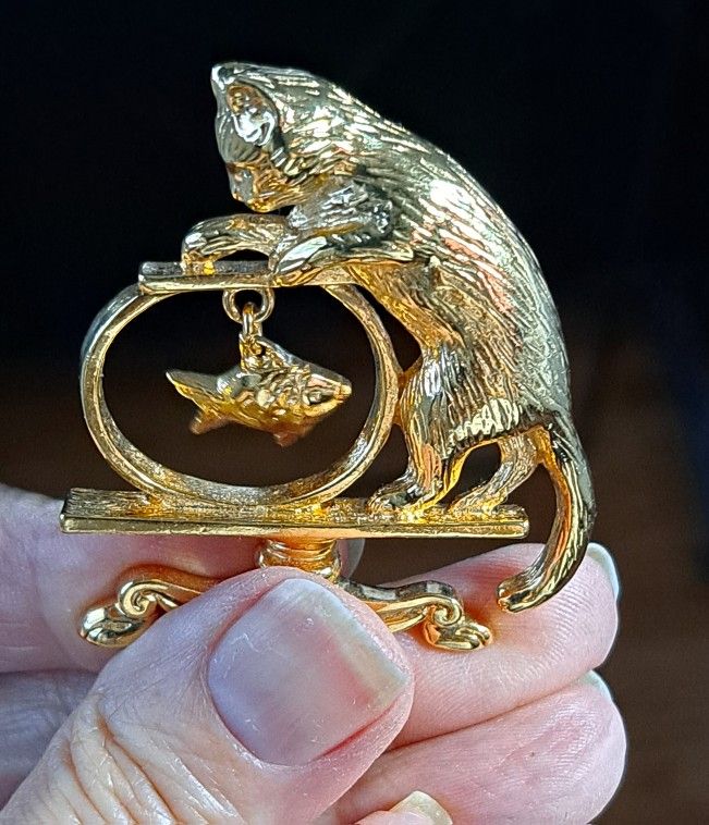 Vintage Cat And Fish Brooch
