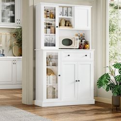 70.9" Kitchen Pantry Storage, Modern Hutch Cabinet with Sliding Door, Freestanding Cupboard for Living Dining Room, White