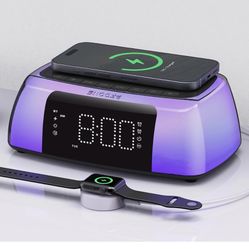 Alarm Clocks for Bedrooms, Digital Clock with Wireless Charging, Night Light Bluetooth Speaker, Sound Machine, 0-100% Dimmer, Dual Alarm - Loud Bedsid