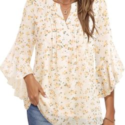 Timeson floral print V-neck 3/4 Sleeve Blouse SZ L ruffled chiffon sleeve