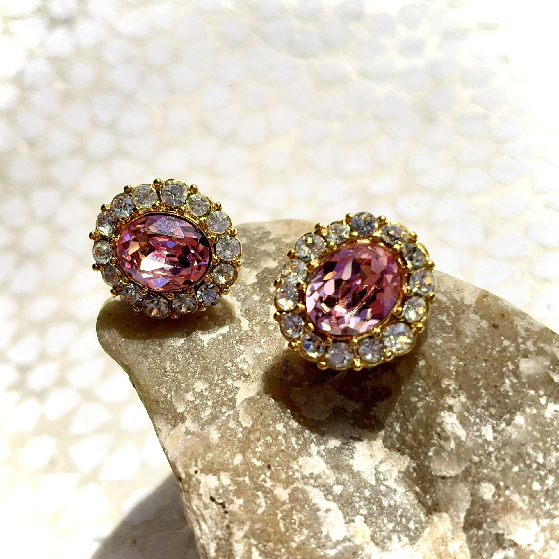 Vintage 1980's Trifari Pierceless Clip-On Earrings featuring Pink and White Rhinestones in Yellow Gold 