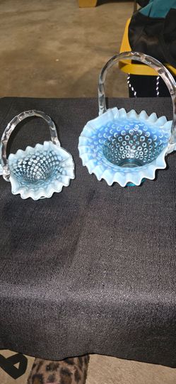 Vintage FENTON Blue Opalescent Hobnail Ruffled Edge Glass Basket