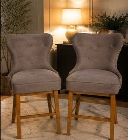 Elegant Tufted Counter-Height Chairs – Set of 2 | Nailhead Trim & Solid Wood Legs