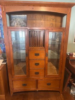 Solid Wood and Glass Hutch with glass shelves and five drawers