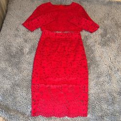 Marciano Red Hot Rebelle Metallic Lace Piya Long Sleeve Crop Top + Skirt Set
