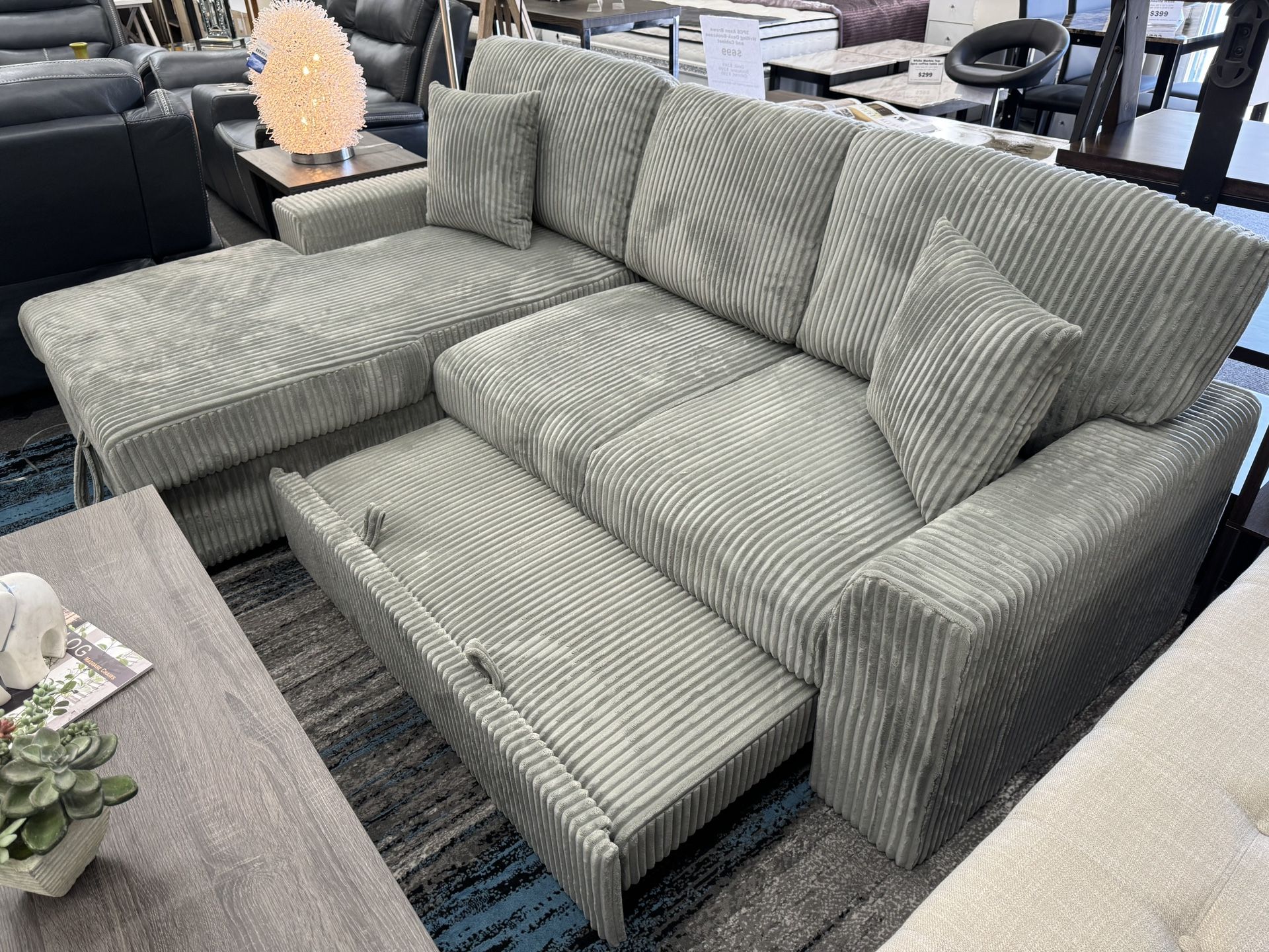 Light Gray Fabric LHF Pull Out Sectional Sofa & Storage