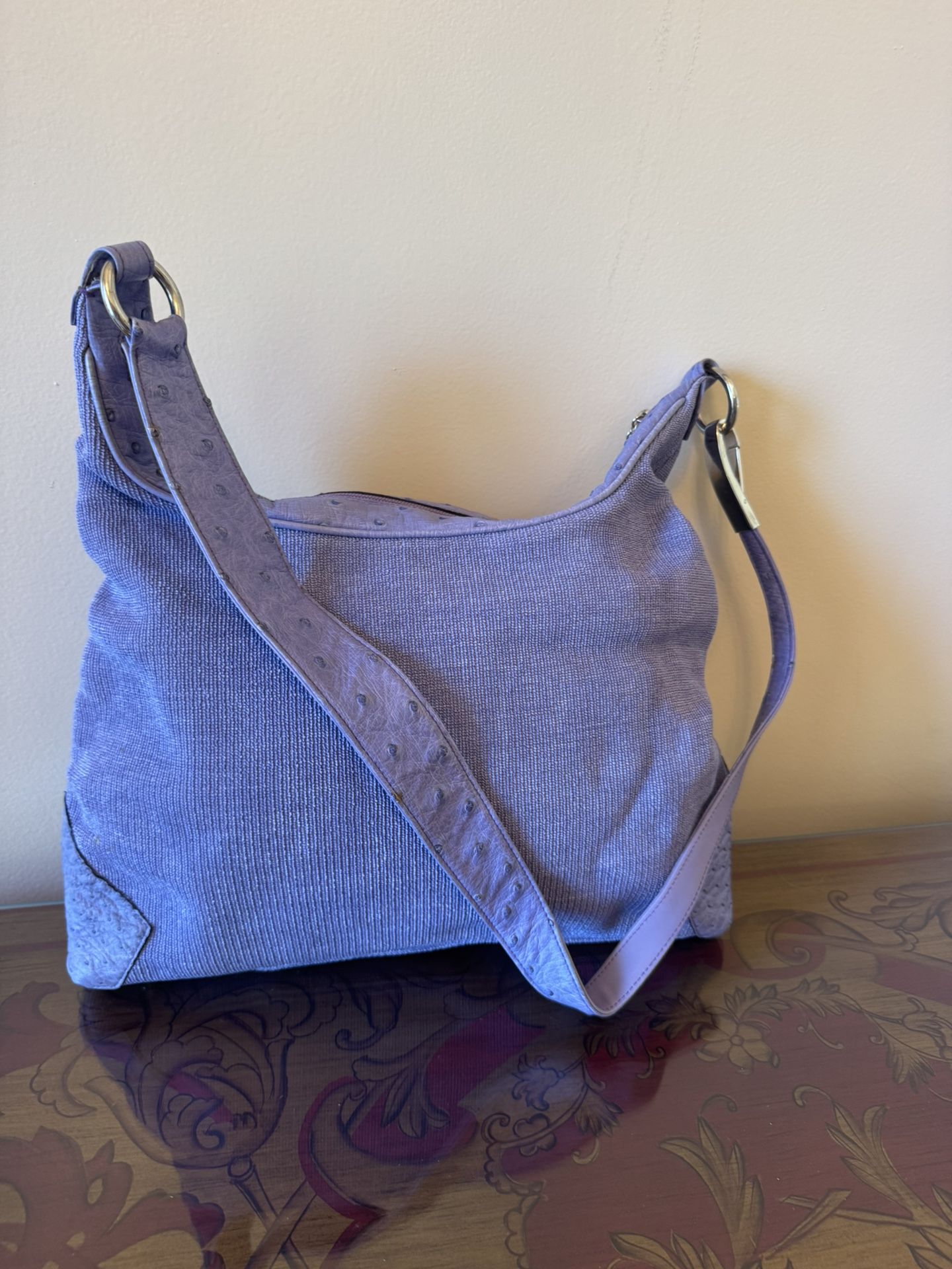 DRAMATIC PRICE DROP: Combination Of High End Lilac Woven Fabric And Ostrich Leather Ema GG Made In Italy Bag, VINTAGE NEVER USED