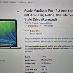 Macbook Pro 13.3 Inch Silver  8Gb Ram 256gb 