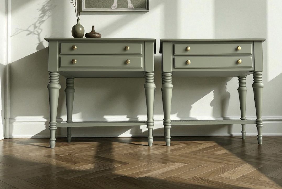 Refinished Ethan Allen Cayman Nightstands / End Tables Pair — Highlands Earthy Green
