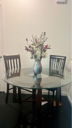 Modern Round Wooden Dining Set  w/ Glass Top