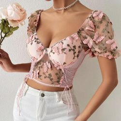 Pink mesh lace butterfly Women's Lady's crop corset Top Blouse Gift
