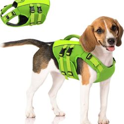 Queenmore Dog Swim Vest - Large Dog Life Jacket with Reflective Puppy Pet Float, Rescue Handle, Metal Hook (Green XS)