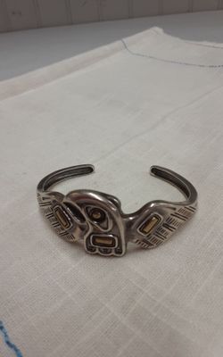 Pacific Northwest Coast Style Raven Silver and Brass Cuff Bracelet - Shelton