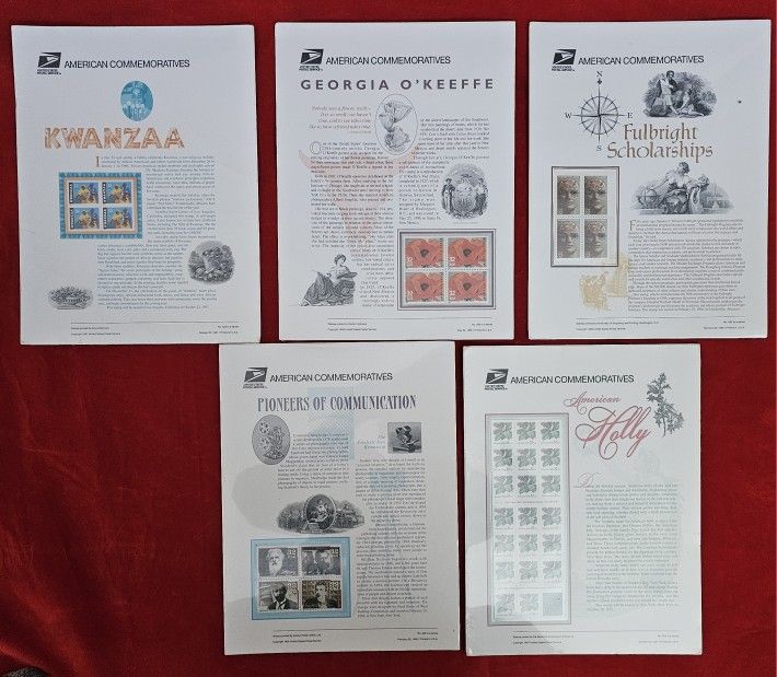 Kwanzaa, Fulbright, O'Keeffe, Pioneers, Holly 1990 Commemorative Stamps