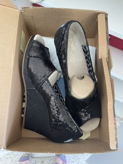 Toms Black Sequin Wedge
