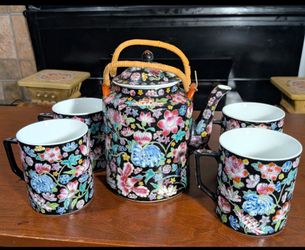 Vintage hand painted Chinese Famille Noire Millefleur porcelain tea set from Jingdezhen