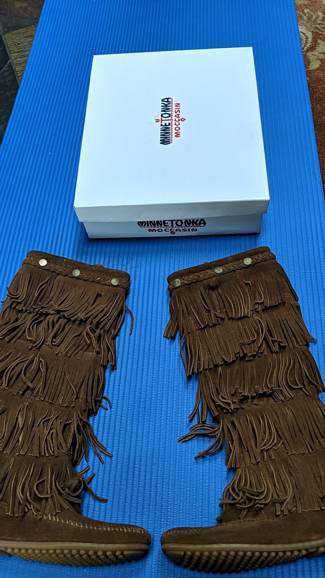 Minnetonka tall fringe boots suede NEW