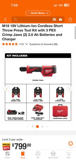New Milwaukee M18 18V Lithium-Ion Cordless Short Throw Press Tool Kit with 3 PEX Crimp Jaws (2) 2.0 Ah Batteries and Charger