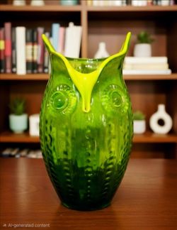 Mid-Century Modern Owl Art Glass Flower Vase Green/Yellow  12" Tall