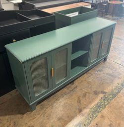 Modern TV Stand for TVs up to 75", 65" Entertainment Center with 4 Fluted Glass Doors and Open Shelves, Mid-Century Media Console, Green( Some Damages