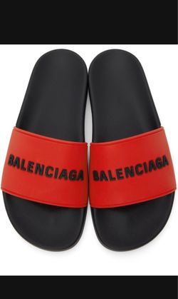 Brand New Balenciaga Red & Black Logo Pool Slides Sz 12