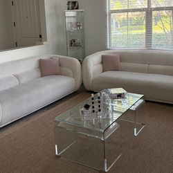 Modern Curved Bouclé Sofa Set – Cream Color (2 Sofas)